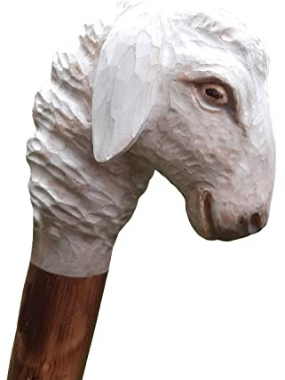 Jagd-Schnitzerei Peter® Schäferstock, Hirtenstock mit geschnitzem Schafkopf, Kopf vom Schaf handgeschnitzt, Wanderstock Holz, Marschierer 98-170 cm „Gravur BIS ZU 15 Zeichen IM Preis ENTHALTEN“