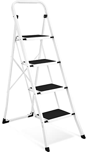 HBTower Trittleiter 4 Stufen klappbar, Leiter aus Stahllegierung, rutschfeste Pedale, belastbar bis 150 kg, 94 cm Arbeitshöhe, kein Aufbau nötig – für Küche, Garage & Büro