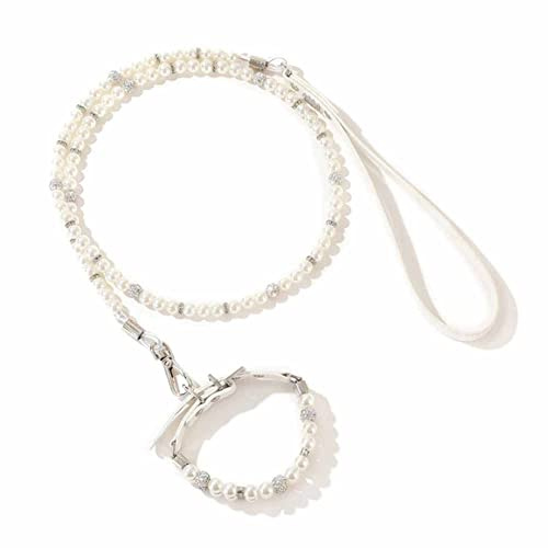 feiling Hundehalsband und Hundeleine Set für Kleine Hunde Welpen, Katzen Perlen Strass Charm Katzenhalsband Verstellbares Hundeband Kettenhalsband für Poodle Chihuahua Bichon Frise (L, weiß)