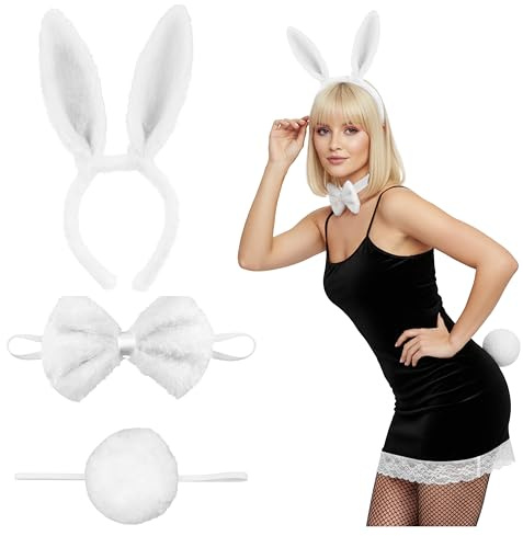 Balinco 3-delat kanindräktsset för kvinnor och flickor – plysch-kaninöron-hårband med fluga och svans för halloween, karneval, maskerad, cosplay & temafester, vit