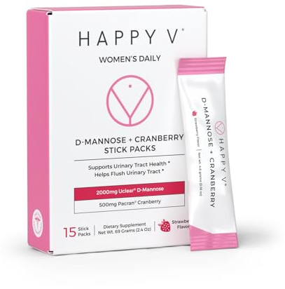 Happy V D-Mannose + Cranberry Stick Packs | Dr Formulated Urinary Tract Support Supplement | D Mannose Supplements for Women - Bladder Support - Promotes Urinary Comfort - 15 Stick Packs