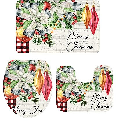 U-Förmiger Teppich Weihnachts-Aquarell-Weihnachtsstern-Blume, Dunkelrotes Gitter, Musikpartitur Wc Vorleger Set 3 Teilig Saugfähiger Badezimmer Vorleger 3-Teiliges Badteppich-Set 3-Teilig