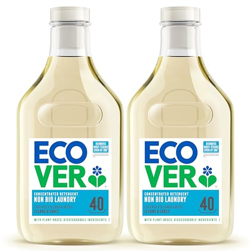 Ecover Concentrated Non-Bio, Laundry Detergent, Laundry Washing Liquid, Lavender and Sandalwood, 2x Pack of 40 Washes, 2x 1.43L