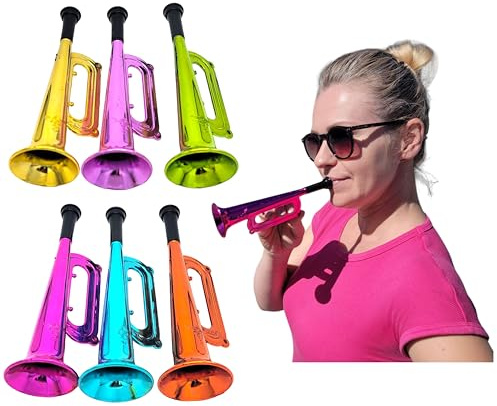 Metallic Trumpet Noise Makers - 12 Pack (7) Fun Mini Shiny Blow Horn Plastic Musical Noisemaker for New Year Birthday Party Favor, Sport School Graduation Events (Metallic Trumpets, 12, Pack)
