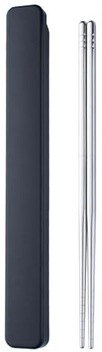 Bacchette in metallo, 1 paio di bacchette riutilizzabili, in acciaio inox, con custodia a bottone, per scuola, casa, ufficio, campeggio, viaggi, bento box (nero)