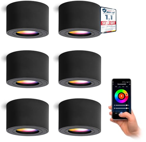 linovum SMOL Aufbauspot 6er Set schwarz rund IP44 Smart LED WLAN RGBW App | Sechs smarte Deckenspots schwarz IP44 - nur 65mm hoch, per App & Alexa steuerbar, RGB-Farblicht, für Bad & Küche, ohne Hub