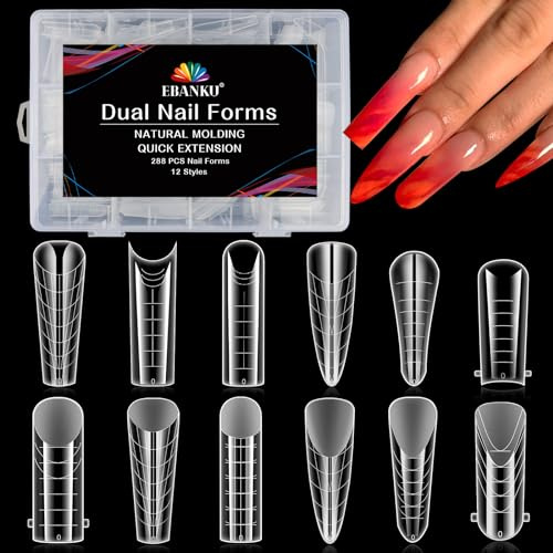 EBANKU 288PCS Clear Dual Nail Forms System Heltäckande Nagelformsspetsar Akryl Nagelförlängningsverktyg för Nail Art Salon Nageldesign (12 Stilar)