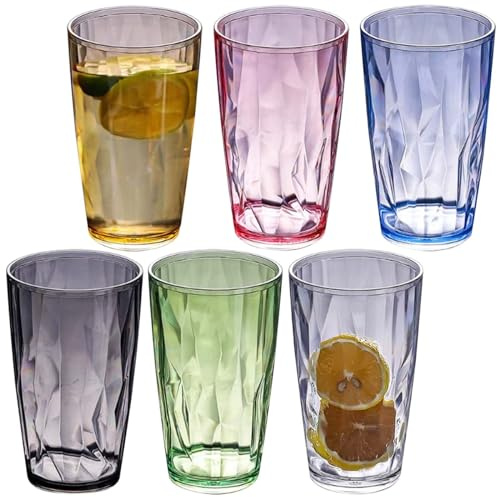 PRITOK Trinkgläser Wassergläser Set Kunststoffbecher Bunt 6 PCS 470ml Wassergläser Trinkgläser Saftgläser, Kristallglas-Optik Saftgläser Wiederverwendbar Trinkglas für Daheim, Camping, Partys