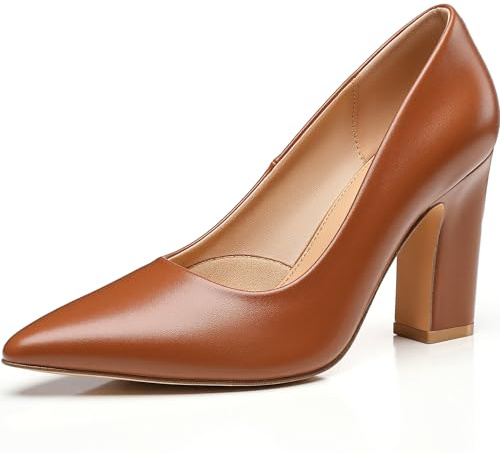 Trary Brown Heels Women's Closed Pointed Toe Chunky Pumps Block High Heels Comfortable Slip-On Office Party Wedding Dress Shoes 3.54 Heels Size 9.5