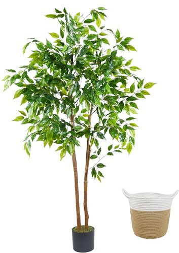 Warmplants Artificial Ficus Tree, 5ft Tall Fake Ficus Tree with Basket, Faux Plant for Indoor Outdoor Home Livingroom Office Garden Porch Décor