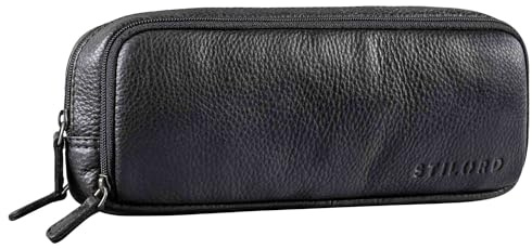 STILORD 'Flo' Leder Federmäppchen Groß echtes Rindsleder Mäppchen Vintage Pencil Case Stifte-Etui Retro Schlampermäppchen mit 3 Reißverschlüssen, Farbe:schwarz