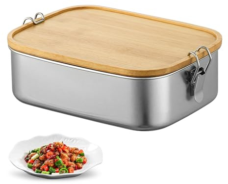 LEKEFETO Brotdose Edelstahl 1200ML: Brotdose Erwachsene/Kinder Lunch Box mit Holzdeckel Auslaufsicher Lunchbox Bento, BPA-frei, Bento Box Frühstücksbox für Schule, Ausflüge, Picknick, Arbeit (A)
