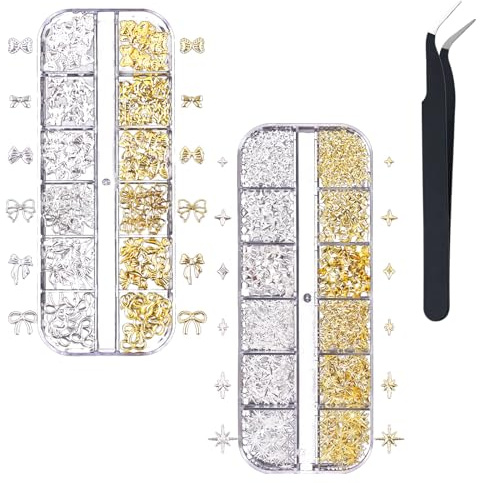 2 Pcs Metall Schleife Nail Charms Gold Silber Stern Schleifen Nail Charms Strasssteine Metall Nagelkunst Dekorations Pinzette mit gebogener Spitze für Nageldesign Zubehör