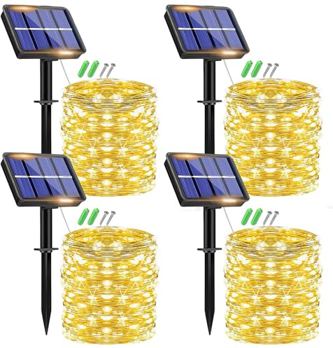 plainshe Solar String Lights Outdoor Garden, 15m 150LED Copper Wire Fairy Lights with 8 Modes, Waterproof Solar Powered LED Lights for Patio, Wedding & Party Decor (4P Warm White)