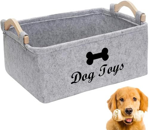 YSFVNP Dog Toy Storage, Dog Toy Box, With Wooden Handle and Cute Pattern Organizer Storage Basket for Pet Toys, Blankets, And Embroidered Dog Toys for Home Hiking (Grey 38x25x18 cm)