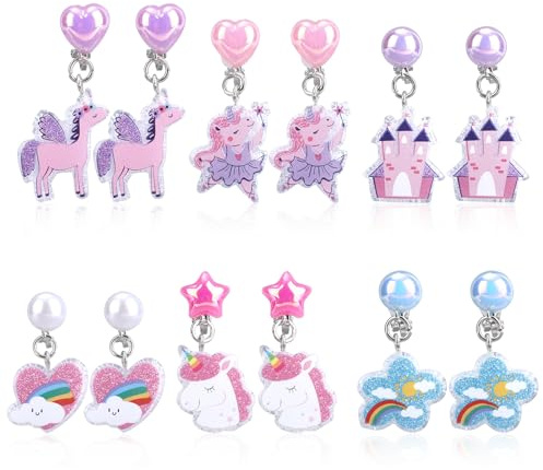 6 Paia Orecchini a Clip per Ragazze, Set di Orecchini non Forati con Cuscinetti Auricolari Grazioso Design a Forma di Farfalla e Coniglio Arcobaleno Orecchini a Clip non Perforati Regalo