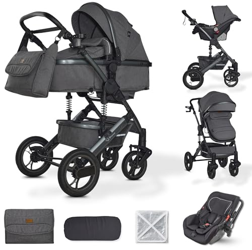 BRONEA EXQUISE 2.0 Kinderwagen 3-in-1 Komplettset Inkl. Auto-Babyschale, Babywanne | Buggy, Zusammenklappbar, Wickeltasche, Regenschutz, Mücken- & Sonnenschutz (Grau-Grau)