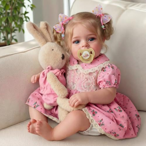 BABESIDE Realistische Babypuppen echte Reborn-Babypuppen 45cm Lebensechte Mädchen Weicher Stoffkörper mit Langen Blonden Haaren, mit Kleidungszubehör für Kinder ab 3 Jahren,Rosa