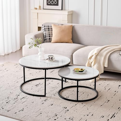 DEYARNA HOME Runden Couchtisch 2er Set, Moderne Satztische mit Keramikplatte (Keine MDF-Platte), Ideal für Wohnzimmer, Schlafzimmer, Balkon und Büro (Weiß+Schwarz), 60+80cm