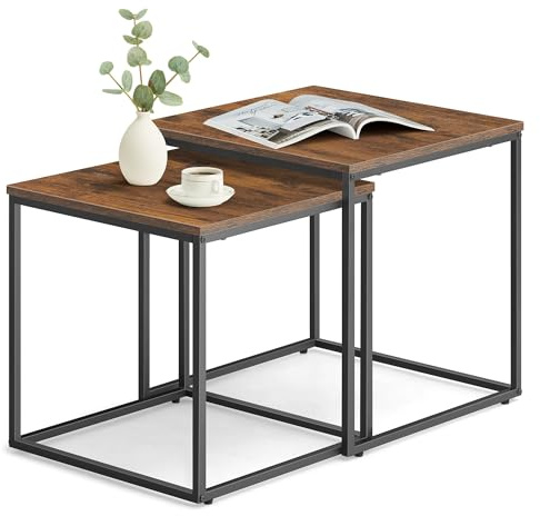 FORTENA Set mit 2 Couchtischen Beistelltisch Wohnzimmertisch Schwarz oder Gold Metall Quadratisch (Rustikal – Schwarze Tischbeine)