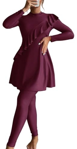 ZAFUL Women Modest Muslim Swimsuits Ruffle Full Coverage Islamic Arabic Burkini 2 Pieces Bathing Suit 2-Dark Red XL