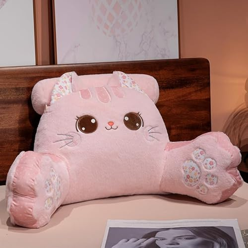 Plüsch-Katzen-Lesekissen – Lendenwirbelstütze, Kuschelkissen mit abnehmbarer Nackenrolle und Armstütze, Rückenkissen für Bett/Couch, ideal zum Lesen, Fernsehen, Spielen (Rosa, 80 cm L x 50 cm H)