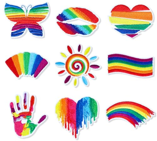 JSRQT 9 Stück Patch Regenbogen zum Aufbügeln, Farbige Selbstklebende Bestickte Applikationen für Erwachsene Kinder, Reparatur Stickerei Aufkleber für Kleidung, Jeans, Jacken, Schuhe, Hüte, Rucksäcke