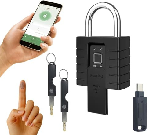 Cadenas biométrique par empreintes digitales, connecté via application mobile TUYA BLE, avec clés de secours, intérieur extérieur, résistant aux intempéries (IP66), batterie grande autonomie (500 mAh)