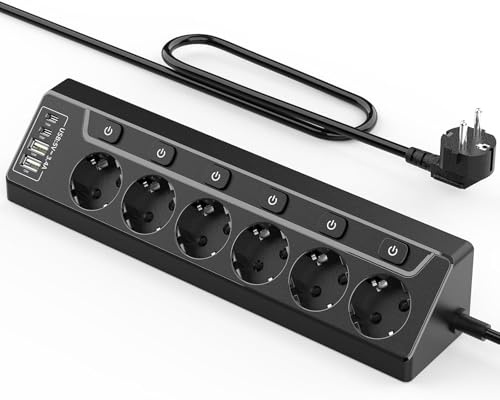Inhwatek Eck Steckdosenleiste Überspannungsschutz mit USB C, 6 Fach Tischsteckdose Mehrfachsteckdose mit 2M Kabel (3680W,16A), Verteilersteckdose für Küchemit Heim Büro