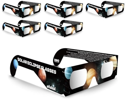 efekol Gafas Eclipse Solar Homologadas Pack de 6- Certificación EN ISO 12312-2 y CE para Observación Segura del Sol - Eclipse Total 12 de Agosto de 2026 (Total en España, Parcial en Europa)