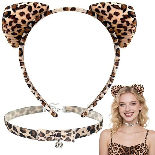 Muorruo Serre-tête Oreilles de Léopard & Collier Choker en Velours, Oreilles de Léopard pour costumes de Guépard pour femmes et adultes, accessoires cosplay de serre-tête Halloween/Carnaval, Léopard