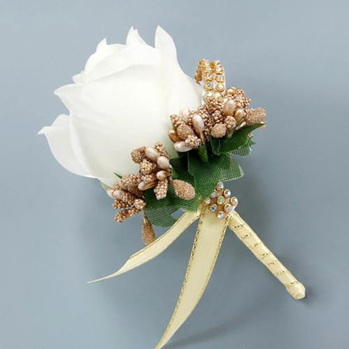 Set di 2 4 6 bouquet da sposa con nastro di seta e spillo, fiori artificiali di calle per matrimoni, anniversari e occasioni speciali (6 pezzi, oro bianco)