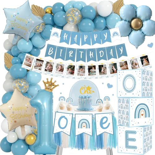 TOLOYE Globos de Cumpleaños 1 Año Niños, Azul Retrò Decoracion Cumpleaños 1 Año con Cajas de Globos, Foto Banner, Globo de Aluminio Número, Happy Birthday Decoración para Baby Niños