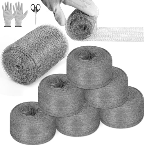 Steel Wool Mice Control, 6 Pack 3.2 x60 FT #00 Steel Wool & 1 Pack 5 x30 FT Wire Mesh, Fine Stainless Steel Wool Keep Mouse Away from Holes,Barrier and Gap Filler for Home Garden Kitchen Pipeline