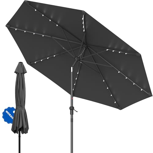 WoRaum Sonnenschirm 350cm，Gartenschirm mit Kurbel und Neigbar,Tragbar Terrassenschirm,Marktschirm,Strandschirm,Kurbelschirm für Terrasse, Balkon, Pool(Tiefes Grau,Lenkbar,mit Licht)