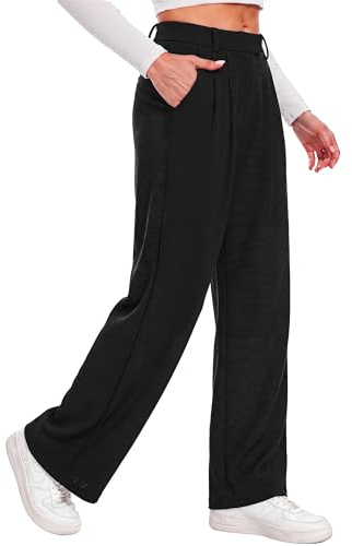 Litherday Pantalones Mujer Rectos Cintura Alta Elásticos con Bolsillos Pantalón Fluido Cómodo Oficina Casual Pierna Ancha Elegante S-XXL