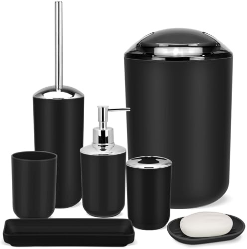 IMAVO Ensemble d'accessoires de Salle de Bain, Coffret Cadeau 6 pièces en Plastique, Porte-Brosse à Dents, gobelet à Brosse à Dents, Distributeur de Savon, Porte-Savon, Porte-Brosse WC, Poubelle