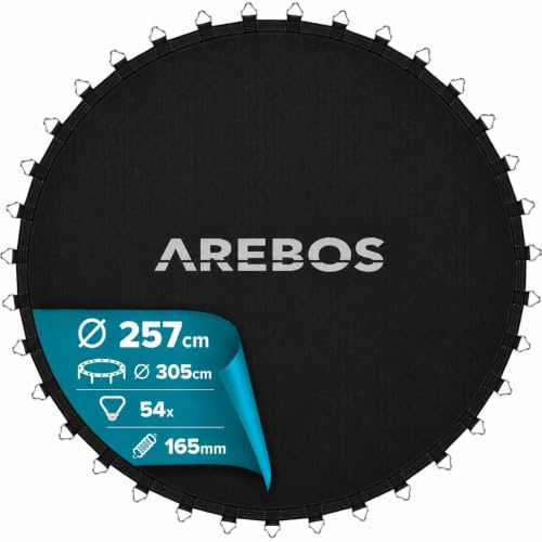 Arebos Trampolin Sprungmatte Ø 264 cm | für Trampoline mit Ø 305 cm, 54 Ösen und 140 mm Federlänge | Sprungtuch | 150 kg belastbar | 9-Fache Naht | Polypropylen | inkl. Federspanner