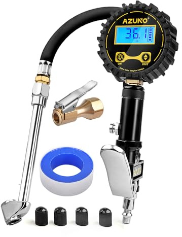 AZUNO Digital Tire Inflator with Pressure Gauge, 200 PSI, Heavy Duty Air Compressor Accessories, w/Rubber Hose Lock on Air Chuck and Quick Connect Coupler