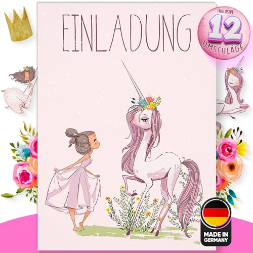 Olgs Prinzessin und Einhorn Einladungskarten, 12er Set für Mädchen, Kindergeburtstag, Ausfüllbar, inkl. Umschläge