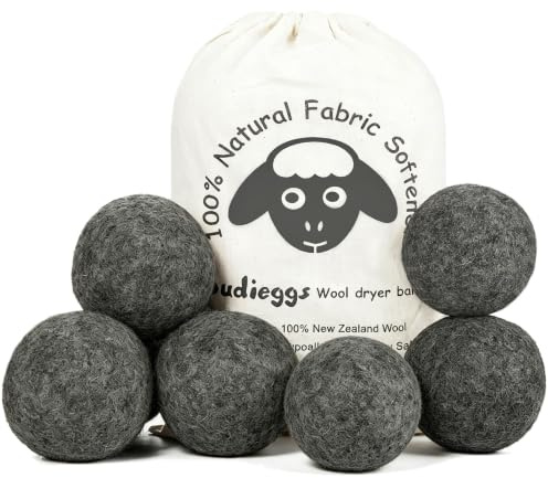 Budieggs Wool Dryer Balls Dark Grey XL 6-Pack, 100% New Zealand Organic Fabric Softener for 1000+ Loads, Baby Safe & Hypoallergenic, Reduce Wrinkles & Shorten Drying Time Naturally (6pcs Grey-XL)