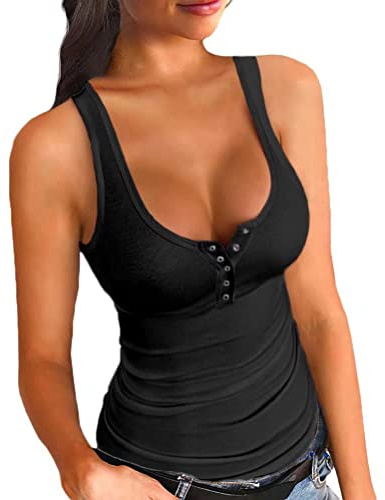 Syellowafter Women’s Scoop-Neck Tank Tops Low Cut Henley Button Up Sexy Sleeveless Shirt Black Medium