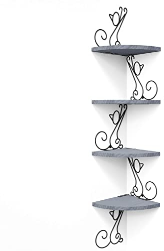 Alsonerbay Eckregal, Wandregal aus Massivholz, Katzenform, Schweberegal Dekor für Wohnzimmer Schlafzimmer Küche Büro, 4 Regalböden, Mordern und Einfach, Grau