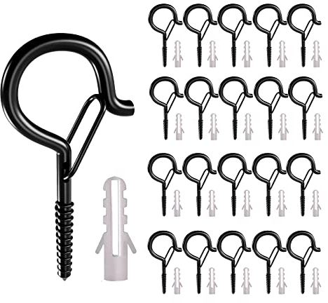 bonitacrylic 20 Pcs Q Hanger Hooks for Outdoor Lights, Screw Hook Metal with Safety Buckle Garden Wall Hanging Plant Bracket, Christmas String Light, Bird Feeder, Wire, Party Decor, Wind Chime Black