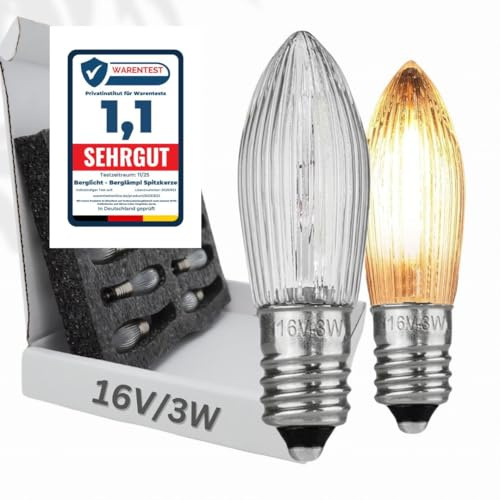 10x Glühbirne 'Berglämpl' E10 16V/3W Riffelkerze Spitzkerze Topkerze Glühlämpchen für Schwibbogen und Lichtbögen, Gelbglühend
