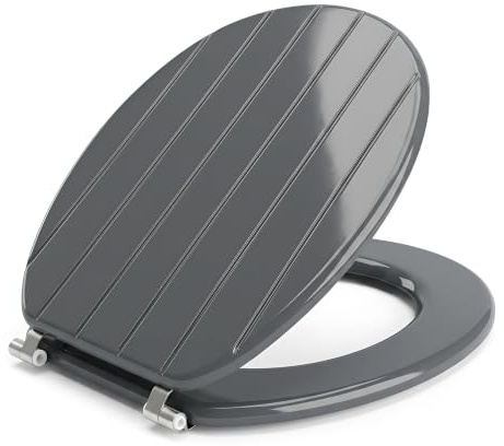 Wooden Adjustable Toilet Seat Tongue & Groove Design Chrome Plated Hinges Fixings Included (Grey)