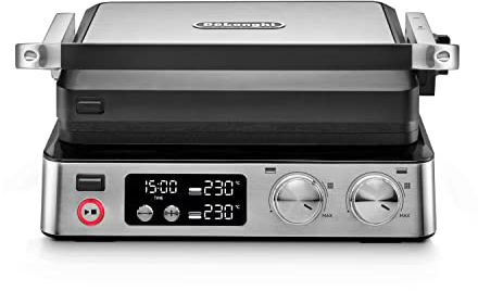 De'Longhi CGH920 MultiGrill, Parrilla eléctrica con funciones de cocción, aplicación dedicada, control electrónico de temperatura, placas lavables en lavavajillas, 2000 W, plata