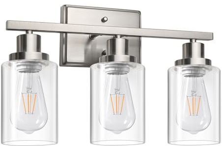 Ascher Bathroom Vanity Light Fixtures, 3 Light Wall Sconces Lighting with Clear Glass Shade, Brushed Nickel Wall Lights for Mirror, Kitchen, Living Room, Gallery, E26 Base (Bulbs Not Included)