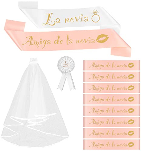 12pcs Despedida Soltera Accesorios Español: Velo, Banda de Novia y Amiga, Insignia para Decoración Fiesta (12)