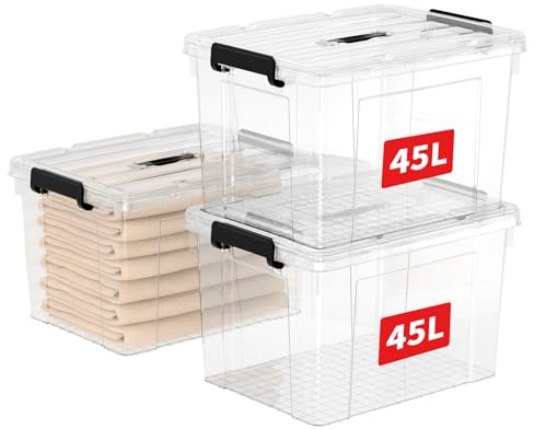 Cetomo 45L*3 Caja de Almacenamiento con Asa, Caja de Plástico con Tapa y Cierre Seguro, Contenedor de Almacenamiento Grande, Duradera, Apilable, Resistentes, Transparente, Paquete de 3 de 45L